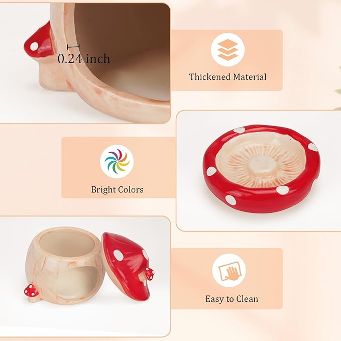 Ceramic Hamster Cage Accessories: Set Include Mushroom Hamster Hideout, Water Bottle and Food Bowl, Ideal for Gerbils and Guinea Pigs