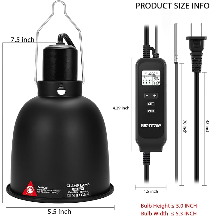 5.5-Inch Reptile Heat Lamp Fixture with PID Thermostat & 100W Ceramic Heat Emitter (Non-Light Emitting), Independent Day & Night Temperatures, Lampshade MAX 100W