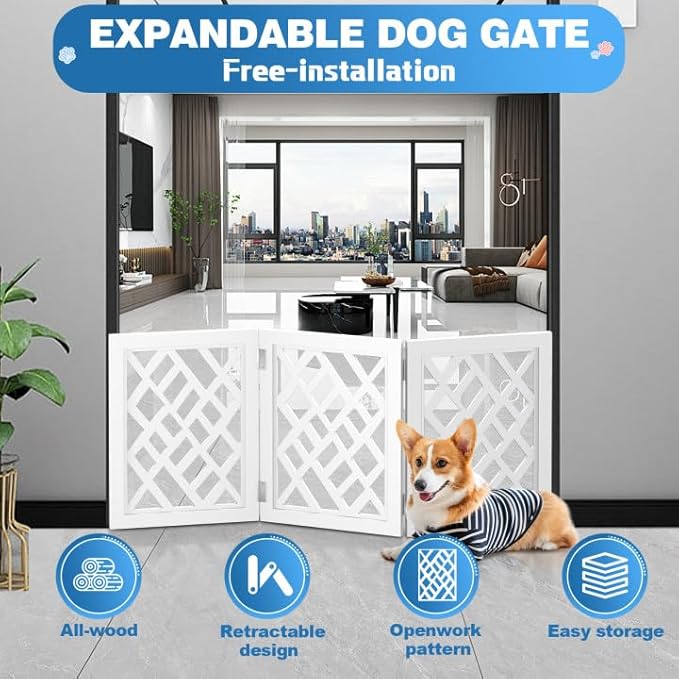 Cut-Out Design 16" Short Dog Gate for Small Dogs, Foldable Retractable Puppy Gate Indoor - Freestanding Lightweight Pet Barrier for Doorways, Stairs, Hallways (Extends to 35", White)