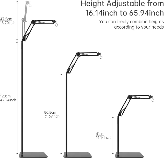 RTNLIT Reptile Lamp Stand Reptile Heat Light Stand (15.7inch to 65.9inch) with 360° Adjustable Swing Arm, Metal Bracket Floor Light Holder for Bearded Dragon Lizards Turtles Snake and Chicks