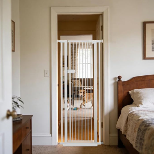 Lumizone Extra Tall Cat Gate 61.02" High Pressure Mounted Extra Wide 2025 New (17 Sizes) 1.37" Gap No Drilling Auto-Close One-Handed Operation Tall Pet Gate for Dogs(White, 61.02" H x 26.18"-29.91" W)