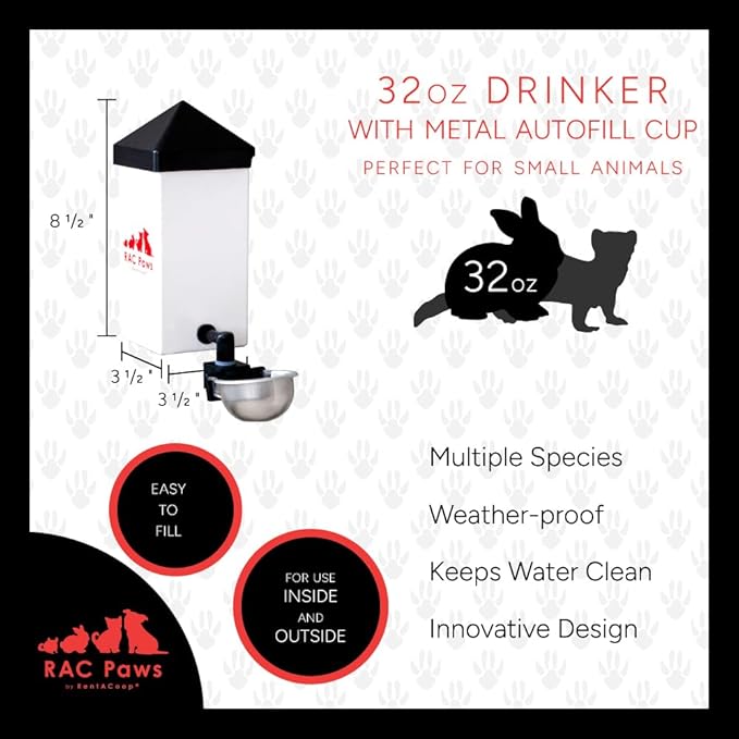 RentACoop No-Drip 32oz Small Animal Drinking Bottle with Auto-Fill Metal Cup for Small Pet/Bunny/Ferret/Hamster/Guinea Pig/Rabbit/Chinchilla/Mouse/Rat. Food Grade Plastic (Pack of 2)