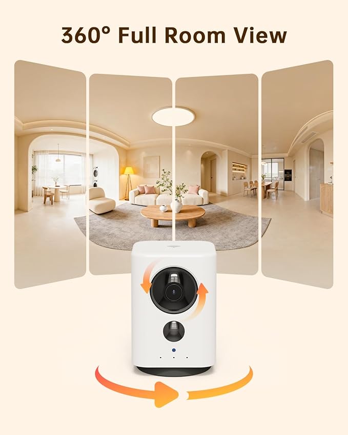 ELYSOO Wireless Indoor Camera: Battery Powered Pet/Dog Monitor with Phone App, 360° Pan/Tilt, Smart Detection, No Wiring Needed, 2K Live Video, Night Vision, Portable Home Cam for Room/Rental/Travel