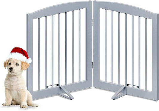 PUPETPO Freestanding Pet Gate for Dogs, Foldable Wooden Dog Gate for House, Indoor Pet Barrier for Stairs, Doorways, Support Feet Included, 24" Height 2 Panels, Grey