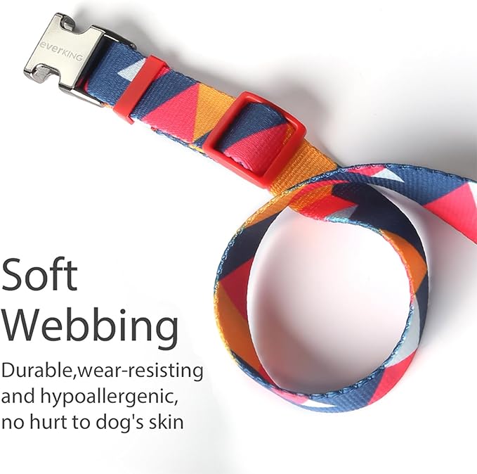Everking Dog Leash and Collar Set with Metal Buckle, Suitable for Small Dogs Weighing 3-10kg,Memphis Geometric Pattern Design Style, Flexible Webbing, Nylon Handle, Adjustable (Flamingo, S)