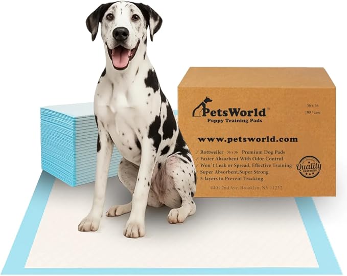 PETSWORLD Giant Dog Potty Pads, Odor-Eliminating, 36" x 36", Ultra Absorbent 5-Layer Leak-Proof Training Pads for Dogs & Cats (36x36, 100 Count)