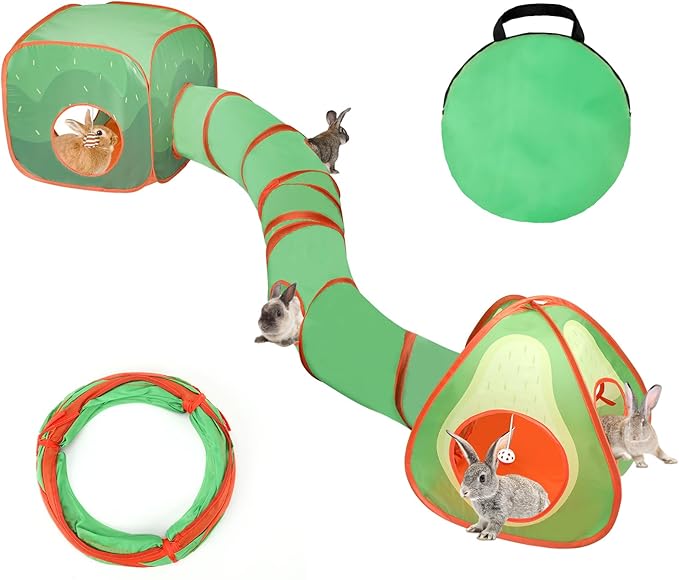 BWOGUE Bunny Tunnels & Tubes Collapsible Rabbit Hideout Tube and Foldable Cubes Playground Small Animal Activity Hideaway for Dwarf Rabbits Bunny Guinea Pigs Kitty (Avocado)