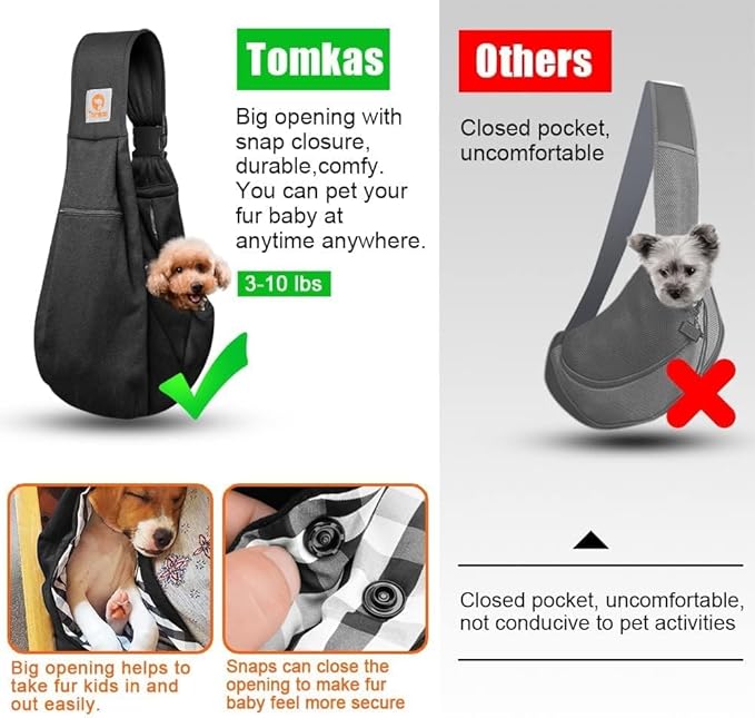 Tomkas Small Dog Sling Carrier - Zipper Pocket & Adjustable Strap & Zip Pocket - for 3-10 lbs Pets (Black, M - Zipper Pocket & Adjustable Strap)