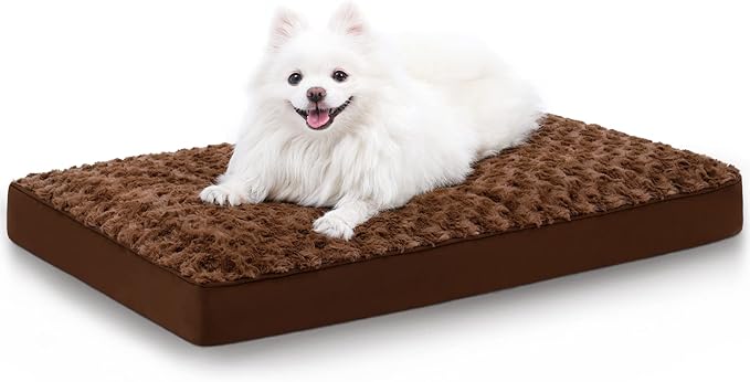 Dog Crate Bed Waterproof Dog Beds for Medium Pets Rose Velvet Soft Fluffy Washable with Removable Cover & Anti-Slip Bottom, 29 x 18 Inch, Brown