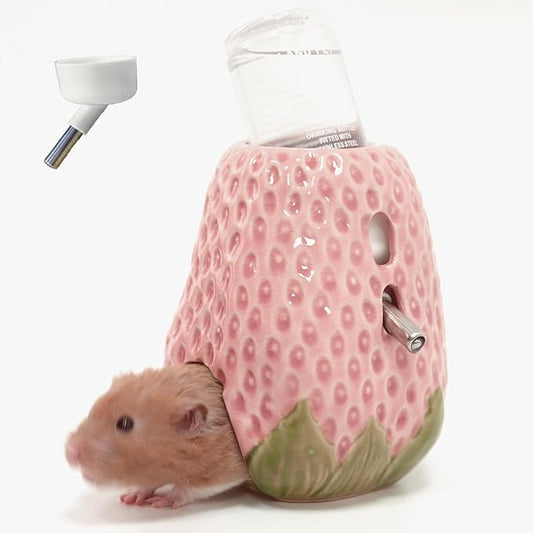 Hamster Water Bottle, Strawberry Ceramic Hamster Gerbil Water Bottle for Glass Tank, Dispenser, 80ML Bottle for Water Holder Stand with 2 No Drip Caps for Syrian Mice, Gerbil（Pink