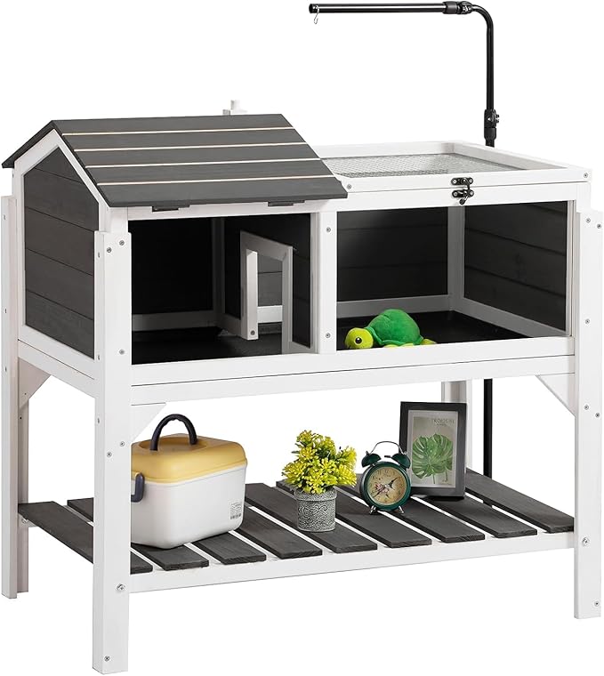 TITIMO Tortoise Habitat with Lamp Holder and Storage Shelf, Tortoise Enclosure Indoor Outdoor with Detachable Legs, Wooden Turtle House Reptile Cage with Tray for Small Animals