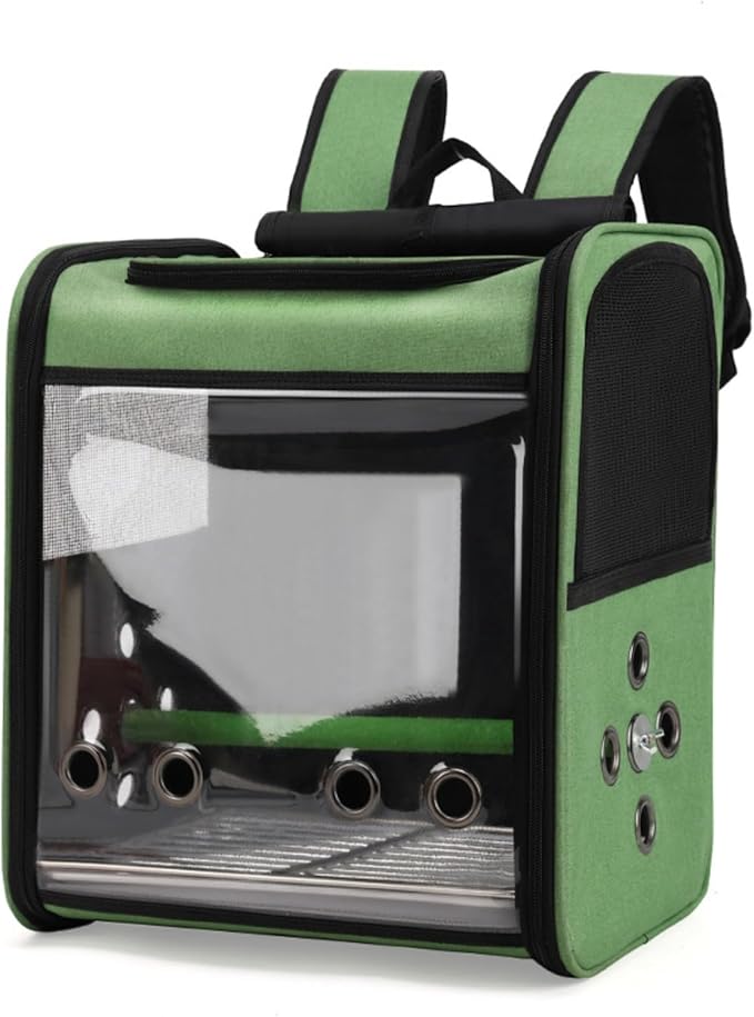Bird Stroller Bird Backpack Carrier with Perch 14 * 11 * 16in Panoramic View with 3 Side Vents Removable Tray for Conures Parakeet Budgie (Green)