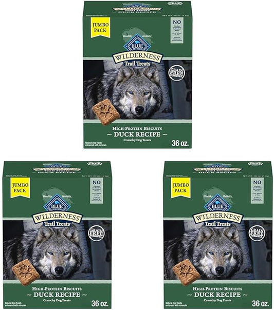 Blue Buffalo Wilderness Trail Treats High Protein Grain Free Dog Biscuits Crunchy Dog Treats, Duck Recipe, 36-oz Box, (Pack of 3)