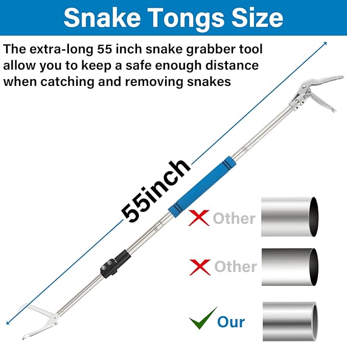 Snake Grabber Tool, 55" Snake Tongs Long Handle for Rattlesnake Reptile Tongs Heavy Duty Long Catcher Reach Grabber Stainless Steel Materials Sponge Handle Wide Jaw (55 inches)