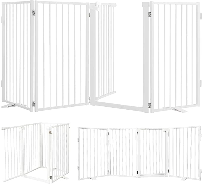 Snagle Paw Metal Freestanding Dog Gate with Door, 80” W x 32” H Dog Fence with Support Feet for Doorways, Stairs and Hallways, Portable Pet Gate for Indoor Use (4 Panel, White)