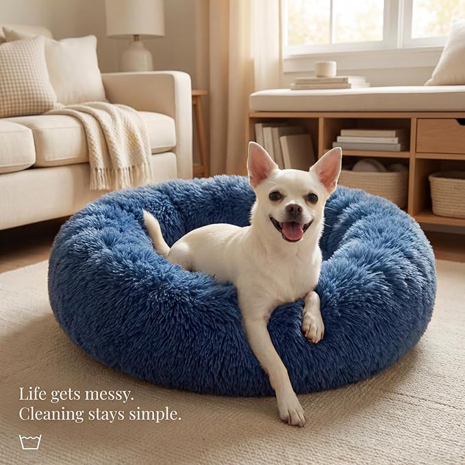 Calming Donut Dogs Beds for Small Dogs Washable,19inch Fluffy Round Puppy Bed for Puppies,Cats & Toy Breeds with Raised Rim,Fits up to 15 lbs Pets,Navy Blue