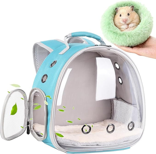 2-Pack Guinea Pig Backpack and Burrowing Bed, Portable Small Animal Cage with Bubble Clear Window, Plush and Fluffy Hideaway Pet Bed for Piggies, Hamster