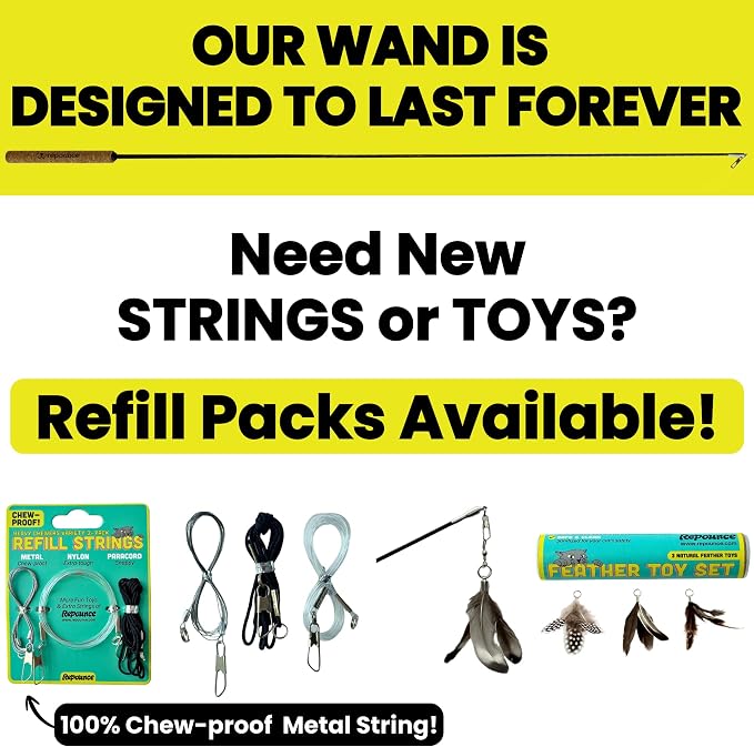 Forever Stick and 3 Strings including Chew Proof Metal Wire - The Unbreakable Cat Wand Toy, Durable Cat Toy Wand, Extra Long Cat String Toy, Cat Fishing Pole Toy for Bored Indoor Adult Cats, Stick Toy - Image 8