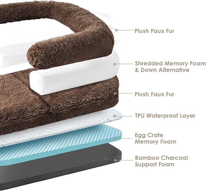 EHEYCIGA Foldable XXL Dog Bed for Large Sized Dog, 54"x38"x7.5" Faux Fur Fluffy Pet Couch Bed, Orthopedic Calming Memory Foam Big Pet Bed, Washable Pet Sofa Bed with Non-Slip Bottom, Brown