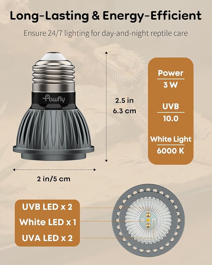 Pawfly UVB Light for Reptiles, 3 W 10.0 UVB Bulb, Desert Reptile UVA UVB Lamp for Calcium & Vitamin D3 Synthesis, High Intensity LED Lamp for Bearded Dragon, Tortoise & Lizard