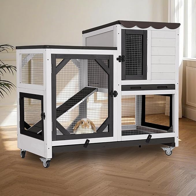 Rabbit Hutch Indoor for 2-4 Rabbits & Guinea Pigs，Bunny Cage with Slide-Out Plastic Trays，Wooden Small Animal Cage for Rabbits, Bunnies, and Guinea Pigs (Black)