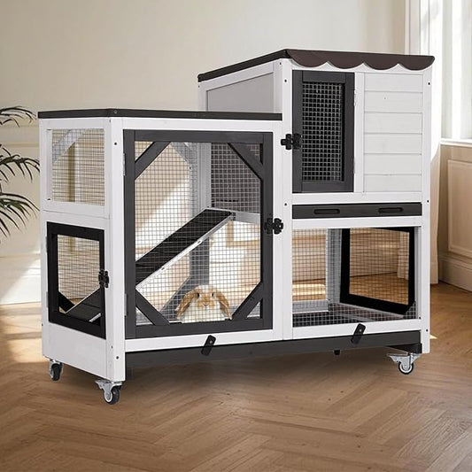 Rabbit Hutch Indoor for 2-4 Rabbits & Guinea Pigs，Bunny Cage with Slide-Out Plastic Trays，Wooden Small Animal Cage for Rabbits, Bunnies, and Guinea Pigs (Black)