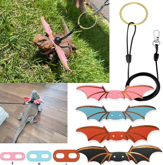 3 Size Pack Bearded Dragon Leashes and Harnesses, Bearded Dragon Harness, Soft Leather Detachable Adjustable Reptile Lizard Wing Leash (Orange)