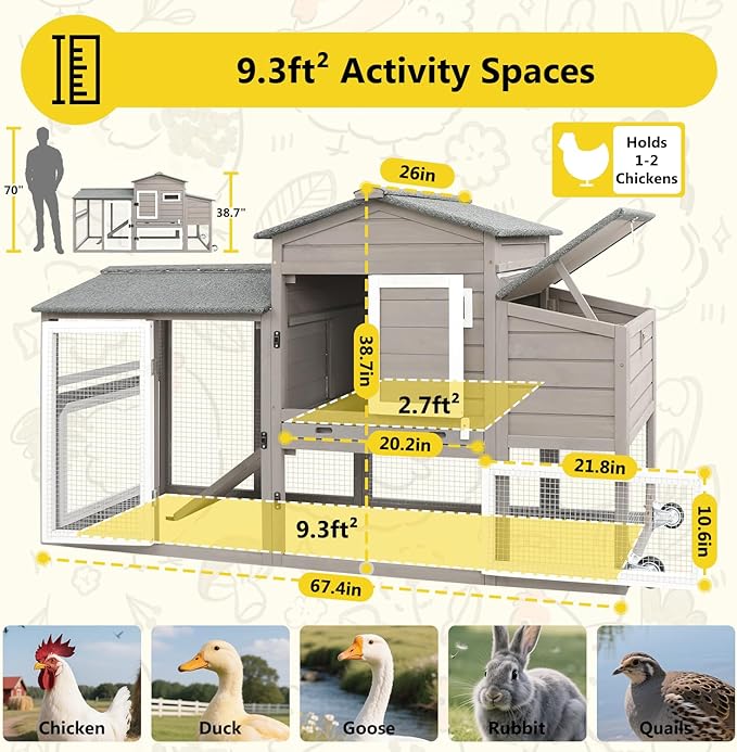 Chicken Coop for 2-3 Chickens, with Large Nesting Box, No-Slip Ramp & Pull-Out Tray, Wooden Poultry Bunny Hutch for Outdoor Indoor