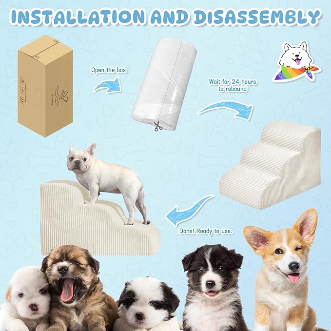 Mesa Lemon Dog Steps for Small Dogs, 4-Step Pet Ramp Stairs for High Beds and Sofa, Non-Slip Pet Stairs for Small Dogs and Cats, Removable and Easy to Clean Cover, Beige