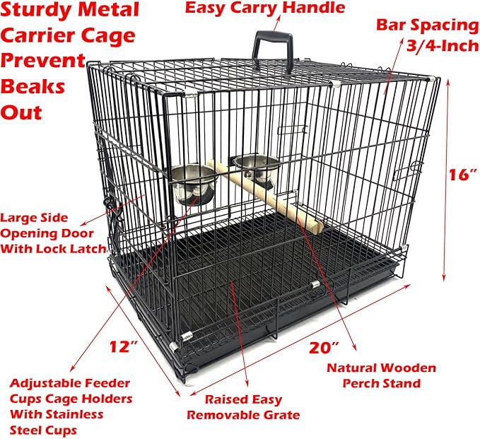 Portable Easy Travel Storage Bird, Parrot, Puppy and Kitten Carrier Travel Vet Chew-Proof Metal Cage with Stand Wooden Perch Stainless Steel Cups