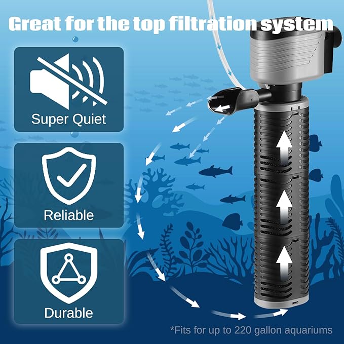 XpertMatic 45W Aquarium Filter, Submersible Fish Tank Filter Water Pump for Up to 220 Gallon Fish Tank, 3 Stages 792 GPH Biochemical Sponge Filter, for Aquarium Filtration/Oxygenation, SainSmart