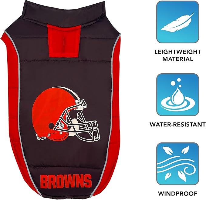 NFL Cleveland Browns Puffer Vest for Dogs & Cats, Size Large. Warm, Cozy, and Waterproof Dog Coat, for Small and Large Dogs/Cats. Best NFL Licensed PET Warming Sports Jacket
