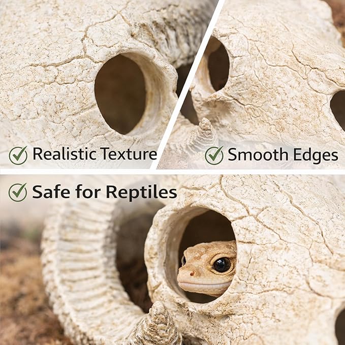 Reptile Hide Cave Decoration, Ram Skull Style Resin Shelter for Gecko, Lizard, Snake and Amphibian, Natural Habitat Decor for Small Reptiles