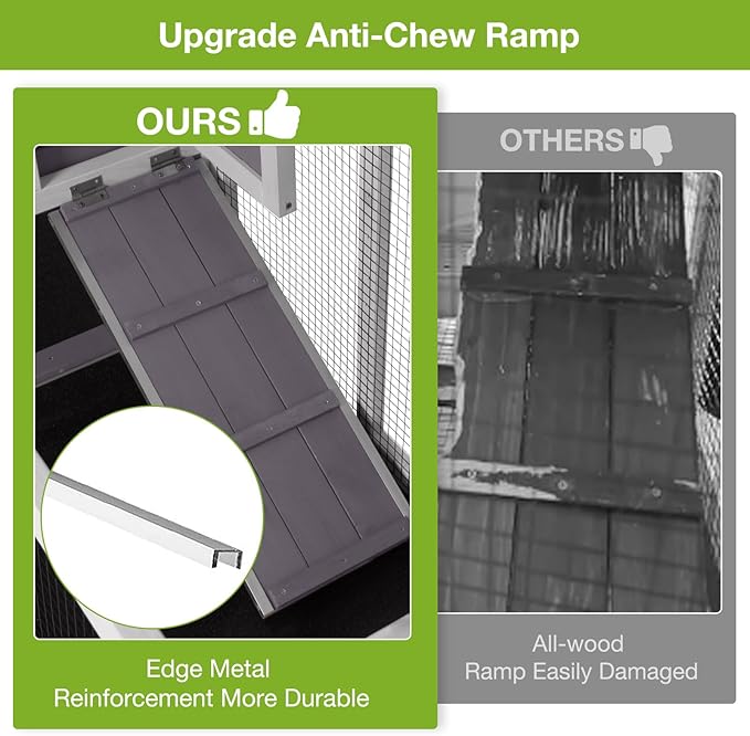 Rabbit Hutch Indoor Outdoor, 2-Story Bunny Cage with Wheels, Wooden Rabbit House with Leakproof Trays, Rain Cover, Guinea Pig Cages with Chew-Proof Ramp (Grey)