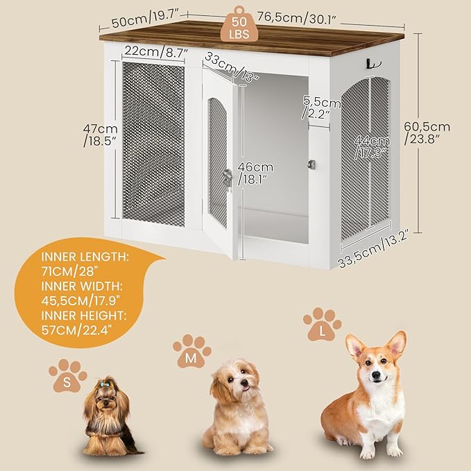 CHOEZON Wooden 30.1" Dog Crate Furniture, Farmhouse Pet Cage End Table with Secure Lock, Ventilated Mesh for Medium Dogs, Dog Kennel Furniture for Living Room, Bedroom, White and Walnut MGW02WL