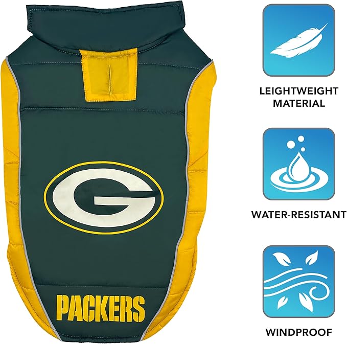 NFL Green Bay Packers Puffer Vest for Dogs & Cats, Size Medium. Warm, Cozy, and Waterproof Dog Coat, for Small and Large Dogs/Cats. Best NFL Licensed PET Warming Sports Jacket