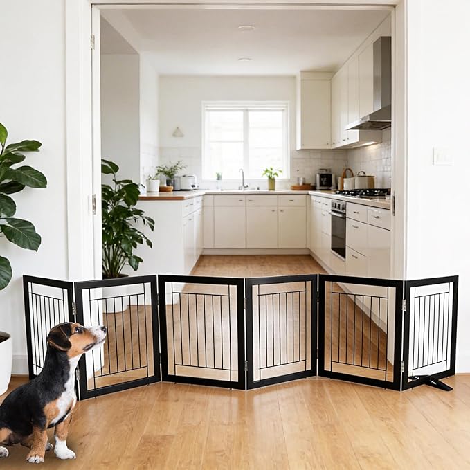 ZJSF Freestanding Dog Gate Indoor, Foldable Dog Fence for Doorways,Hallways or Stairs, Sturdy Wood Extra Wide Pet Gate with Support Feet,Black,24 "Height-6 Panels