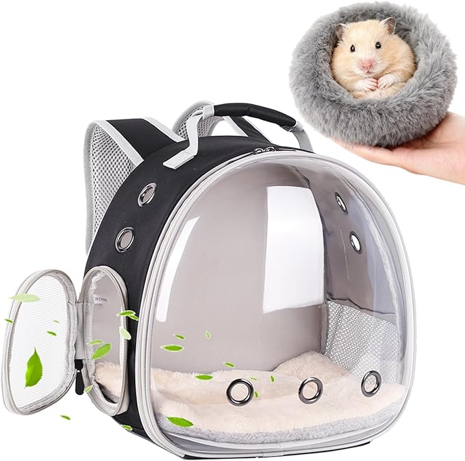 2-Pack Guinea Pig Backpack and Burrowing Bed, Portable Small Animal Cage with Bubble Clear Window, Plush and Fluffy Hideaway Pet Bed for Piggies, Hamster