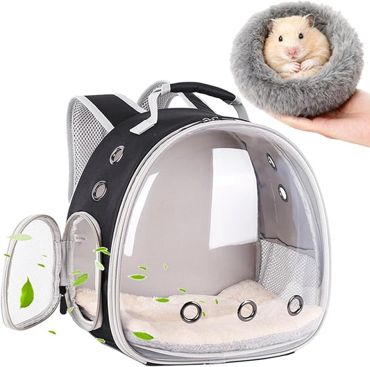 2-Pack Guinea Pig Backpack and Burrowing Bed, Portable Small Animal Cage with Bubble Clear Window, Plush and Fluffy Hideaway Pet Bed for Piggies, Hamster