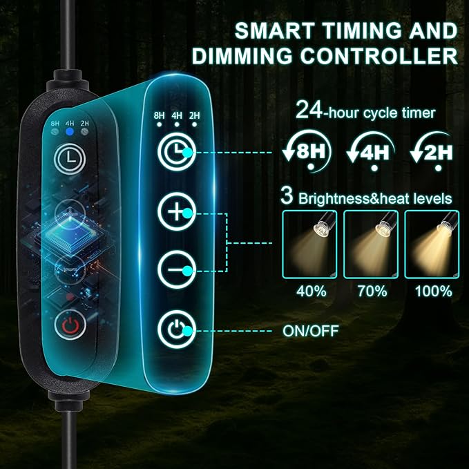 Reptile Heat Lamp Turtle Light - Long Lasting Ceramic Socket Basking Lamp with Auto Timer & Dimmer, 2 E27 Bulbs (25W & 50W) with UVB Support & Test Card for Turtles, Tortoises, Bearded Dragons, Geckos