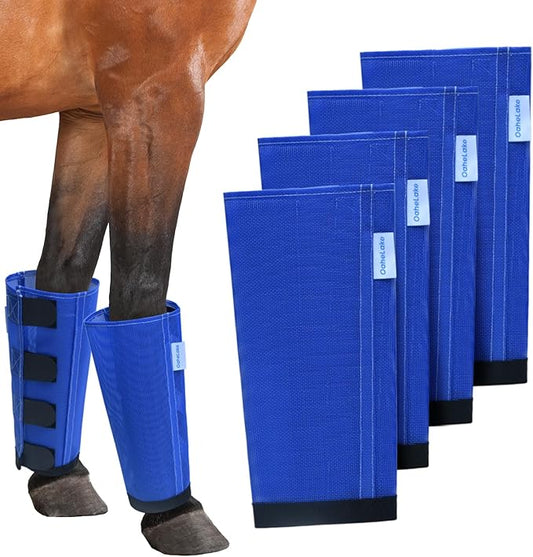 Mesh Horse Fly Boots Set of 4, Loose Fitting Leggings for Horses, Reduce Stressful Stomping, Breathable Adjustable and Universal Fit for 4 Legs, Reliable Stay Put (Blue)