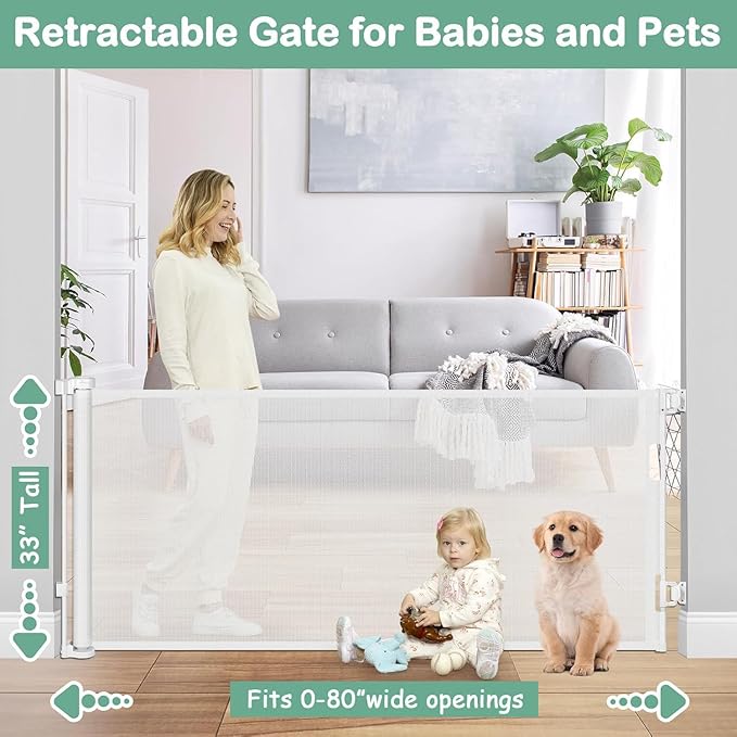 80 Inch Retractable Dog Gate for Doorways Retractable Mesh Baby Gate for Stairs 33” Tall Retractable Baby Gates Outdoor Deck Gate for Pets Barrier Retractable Gates for Dogs Indoor Child Safety Gate