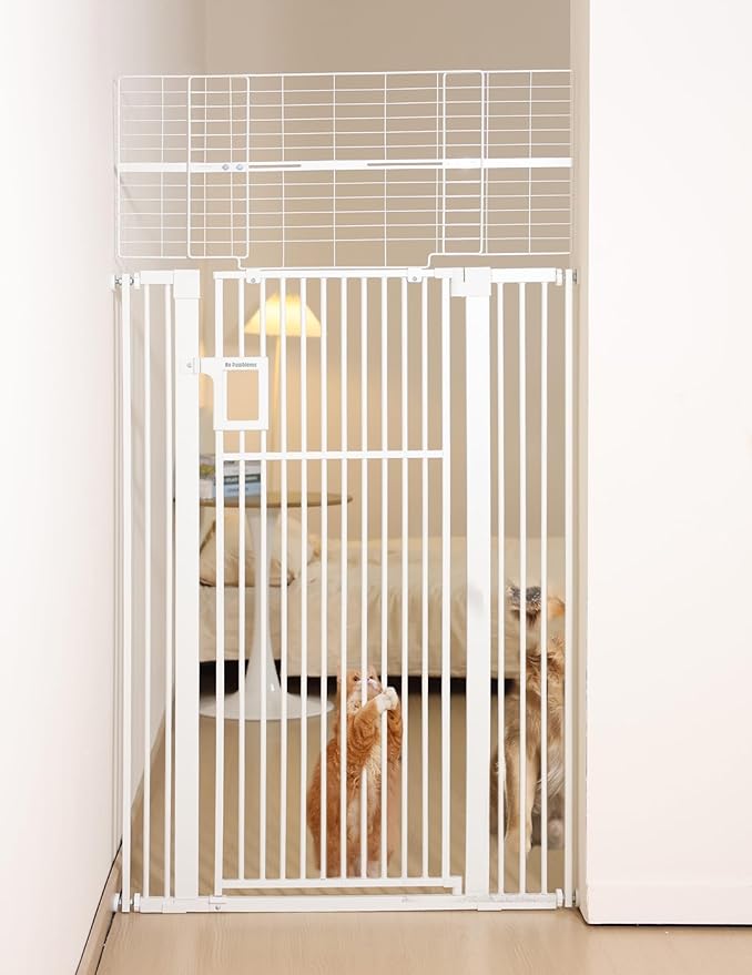 No Pawblems 71" Extra Tall Pet Gate, 29-43" Auto Close Cat Gate for Doorways/Stairs/Hallways, NO Drilling Pressure Mounted Tall Dog Gate, 1.37" Ultra Narrow Spacing, White