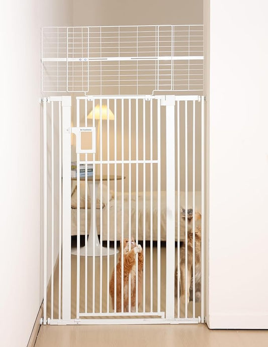 No Pawblems 71" Extra Tall Pet Gate, 29-43" Auto Close Cat Gate for Doorways/Stairs/Hallways, NO Drilling Pressure Mounted Tall Dog Gate, 1.37" Ultra Narrow Spacing, White