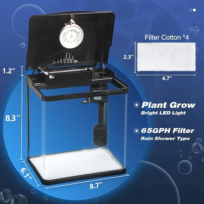 Small Fish Tank 2 Gallon Glass Aquarium Starter Kits,Betta Fish Tank with Filter and Plant Light for Betta Shrimp Guppy Jellyfish Goldfish Beta, Room Desktop Decor, Gifts