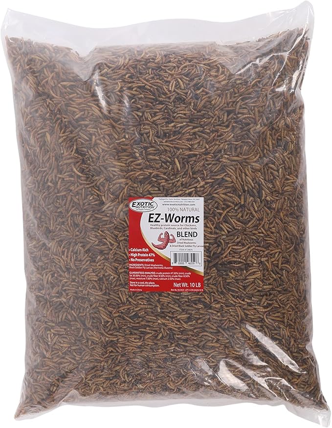 EZ-Worms (10 lb) - Blend of Dried Mealworms & Black Soldier Fly Larvae (BSFL) - Healthy Insect Treat - Chickens, Bluebirds, Sugar Gliders, Hedgehogs, Squirrels, Skunks, Reptiles, Turtles, Fish