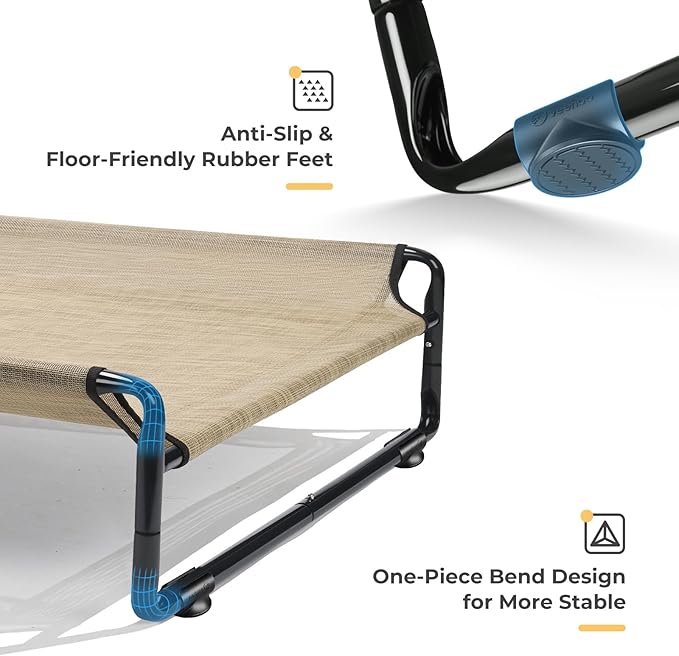 Veehoo 35" Medium Raised Dog Bed, Washable Dog Cot with Headrest Sides, Outdoor Elevated Dog Bed with Non-Skid Feet, Breathable Mesh, Portable Pet Hammock for Indoor or Camping, Beige
