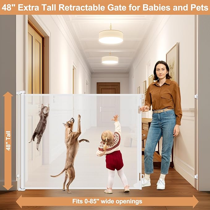 48" Tall Baby Gate for Doorway Retractable Baby Gate No Bottom Bar 4 Ft Extra Tall Gates for Cats 85" Wide Anti-Scratch Mesh Gates for Kids or Pets Prevent Dogs and Cats from Jumping Over, White