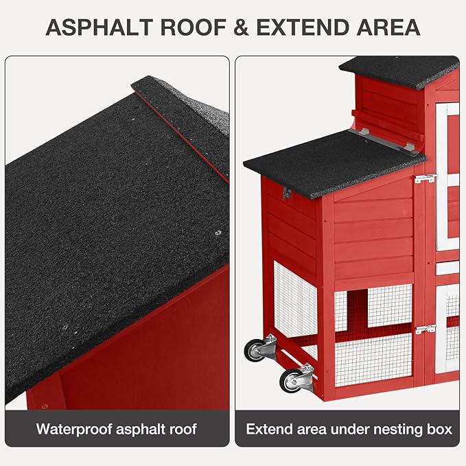 Chicken Coop Outdoor Mobile Chicken House, Expandable Hen House with Wheels, Nesting Box, Leakproof Pull-on Tray and UV-Resistant Roof Panel (Red)