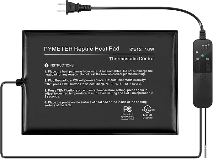 Reptile Heating Pad with PID Thermostat & Timer, 8”x12” Under Tank Heater for Hermit Crab, Snake, Turtle, Lizard, Frog, Spider and Other Reptiles